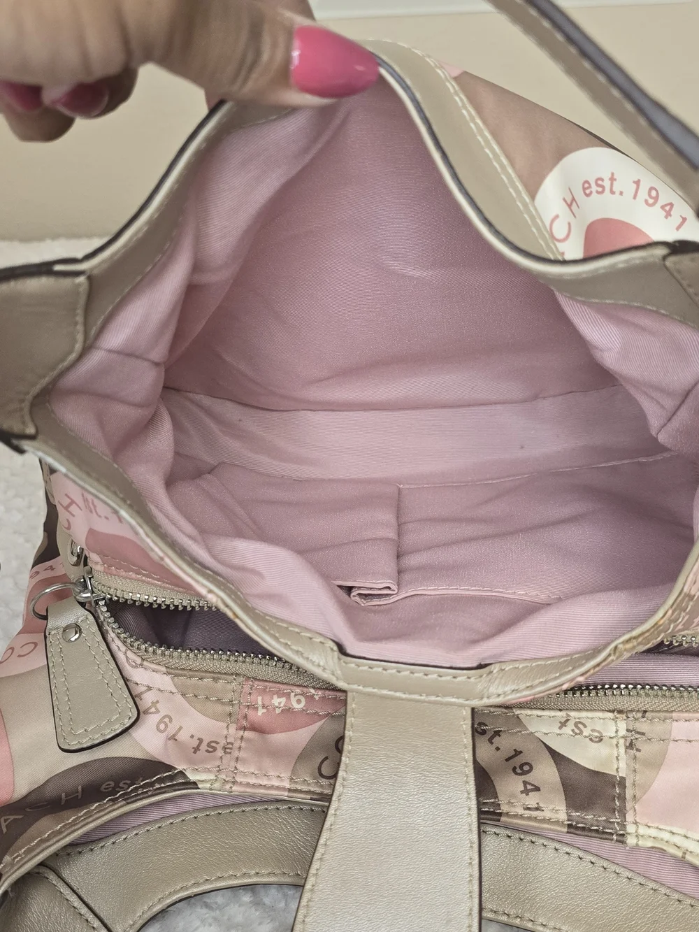 Coach Ashley Signature Circle Print Hobo Bag Pink Tan Canvas Leather Trim - Picture 7 of 12